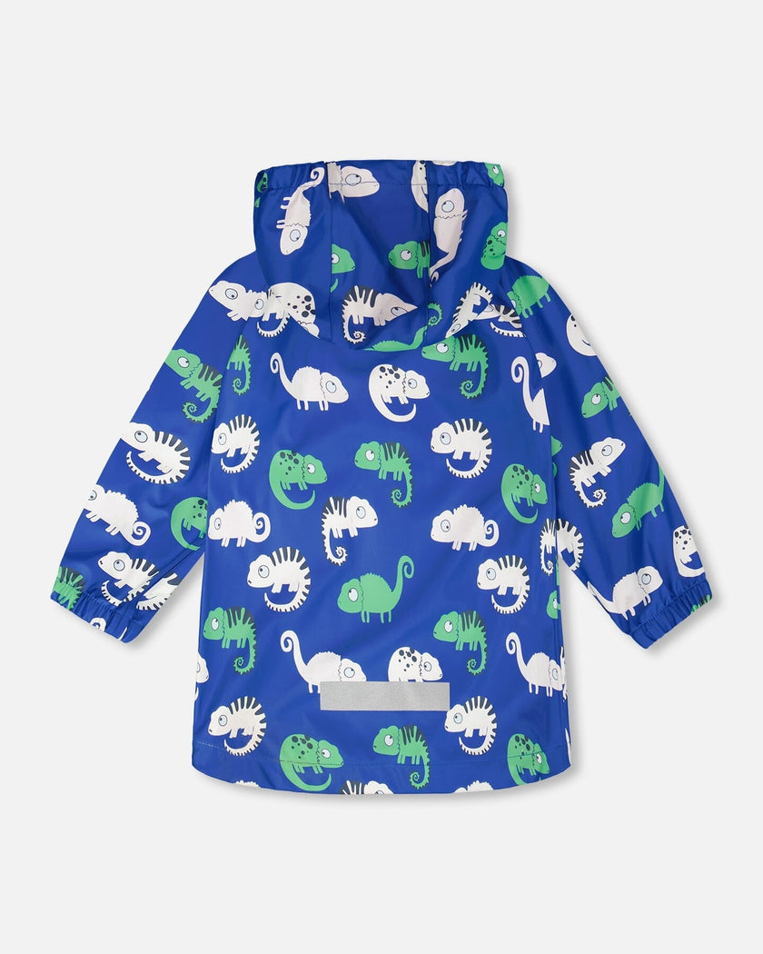 Blue raincoat with color-changing chameleon