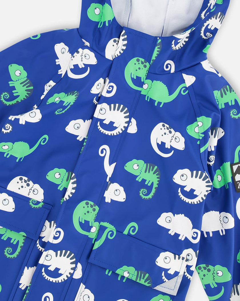 Blue raincoat with color-changing chameleon