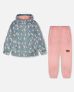 Two-Piece Mid-Season Outerwear Set Green Cat Print