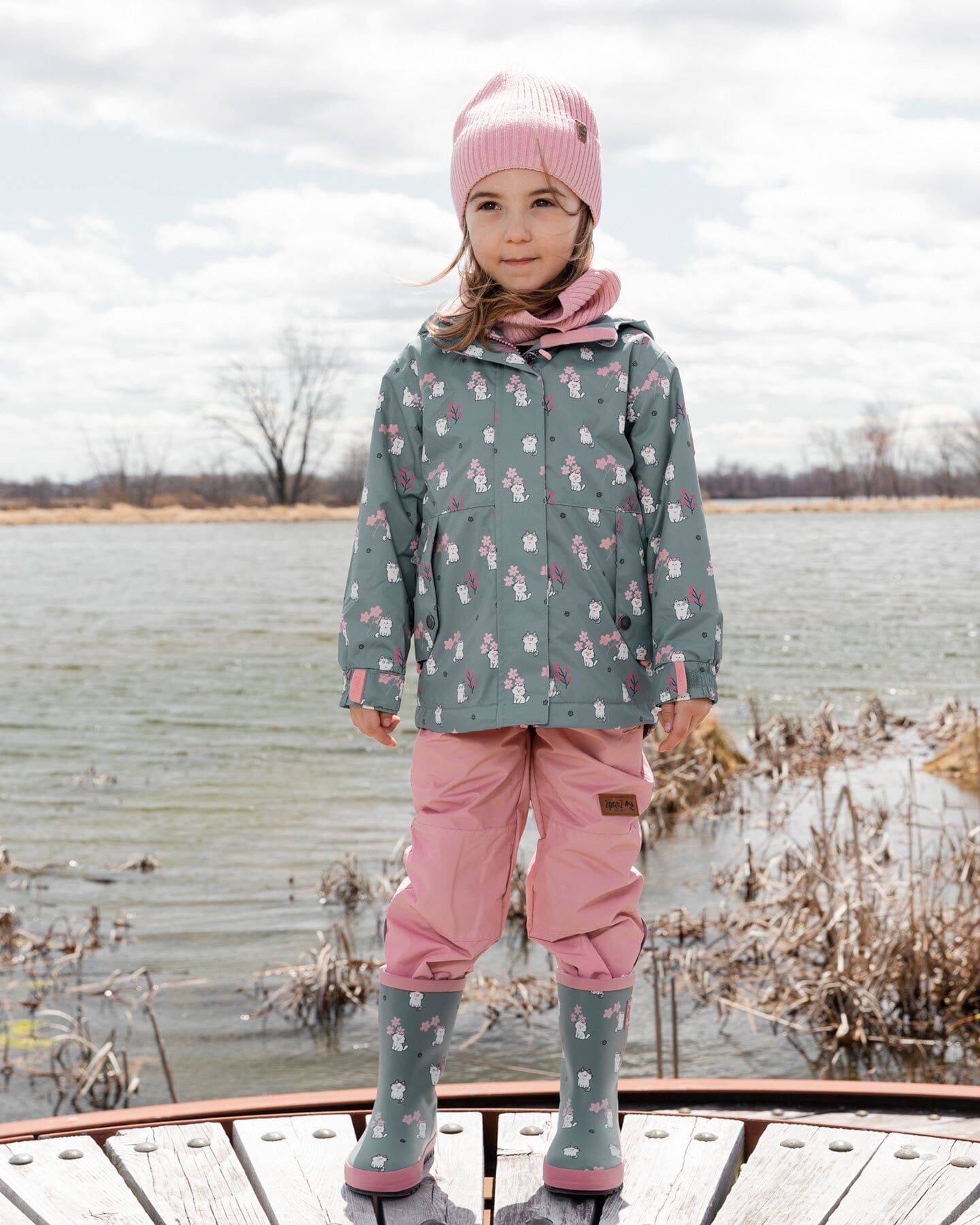 Two-Piece Mid-Season Outerwear Set Green Cat Print
