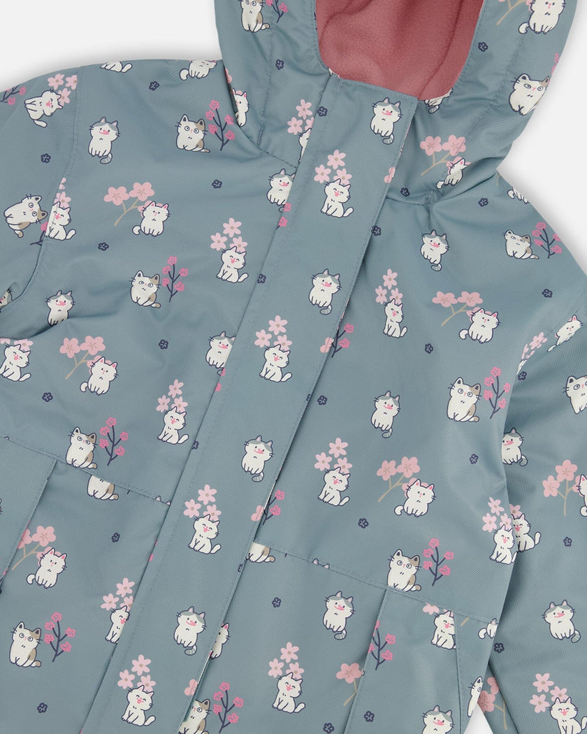 Two-Piece Mid-Season Outerwear Set Green Cat Print