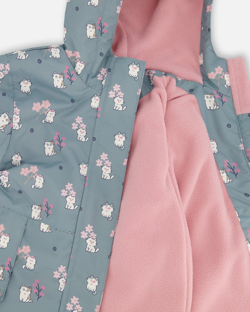 Two-Piece Mid-Season Outerwear Set Green Cat Print