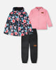3-In-1 Two-Piece Mid-Season Outerwear Set Black Printed Flowers - Pink Inner Jacket