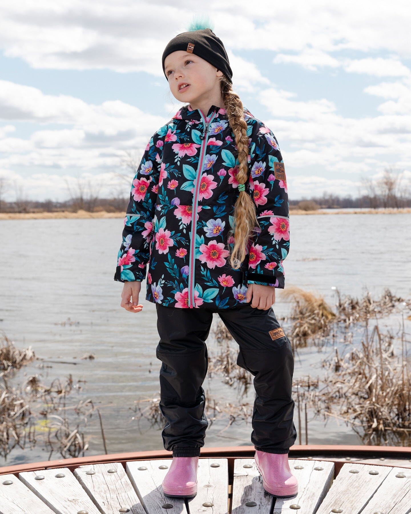 3-In-1 Two-Piece Mid-Season Outerwear Set Black Printed Flowers - Pink Inner Jacket