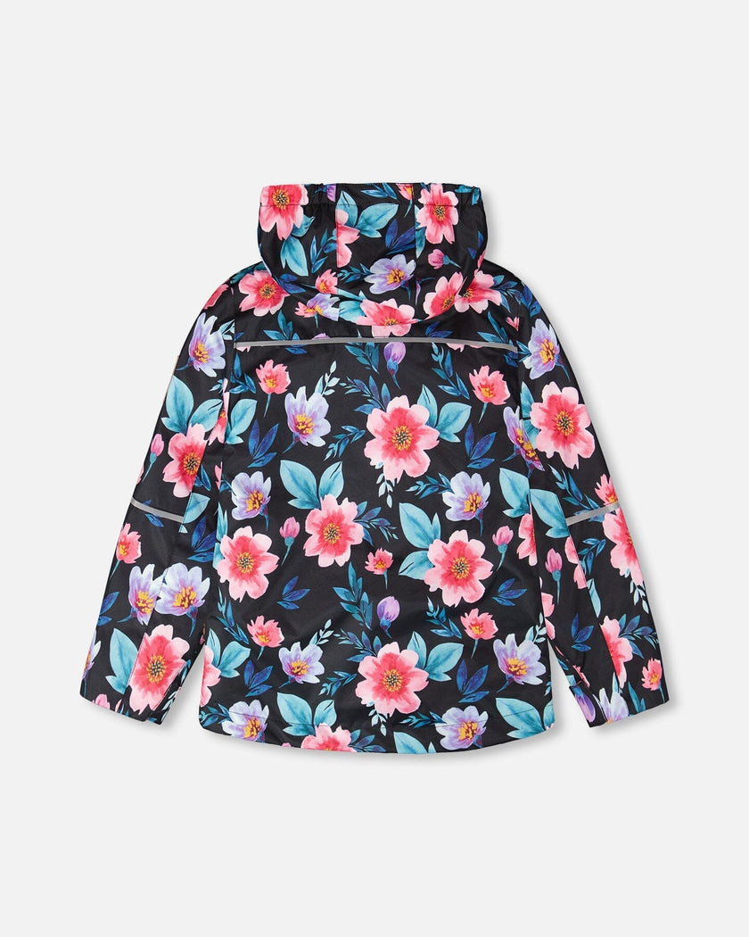3-In-1 Two-Piece Mid-Season Outerwear Set Black Printed Flowers - Pink Inner Jacket