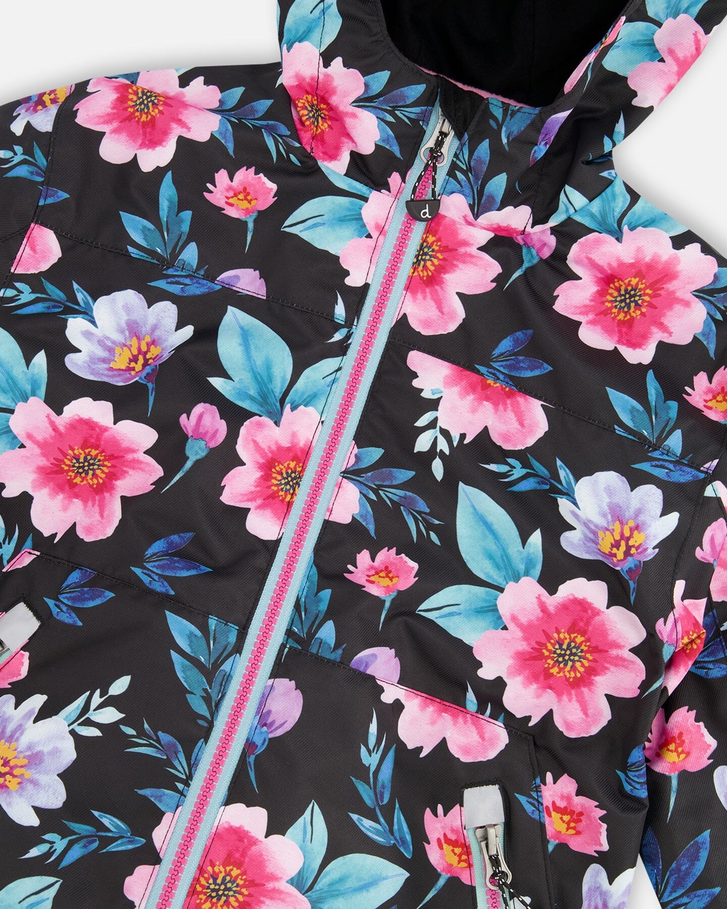 3-In-1 Two-Piece Mid-Season Outerwear Set Black Printed Flowers - Pink Inner Jacket