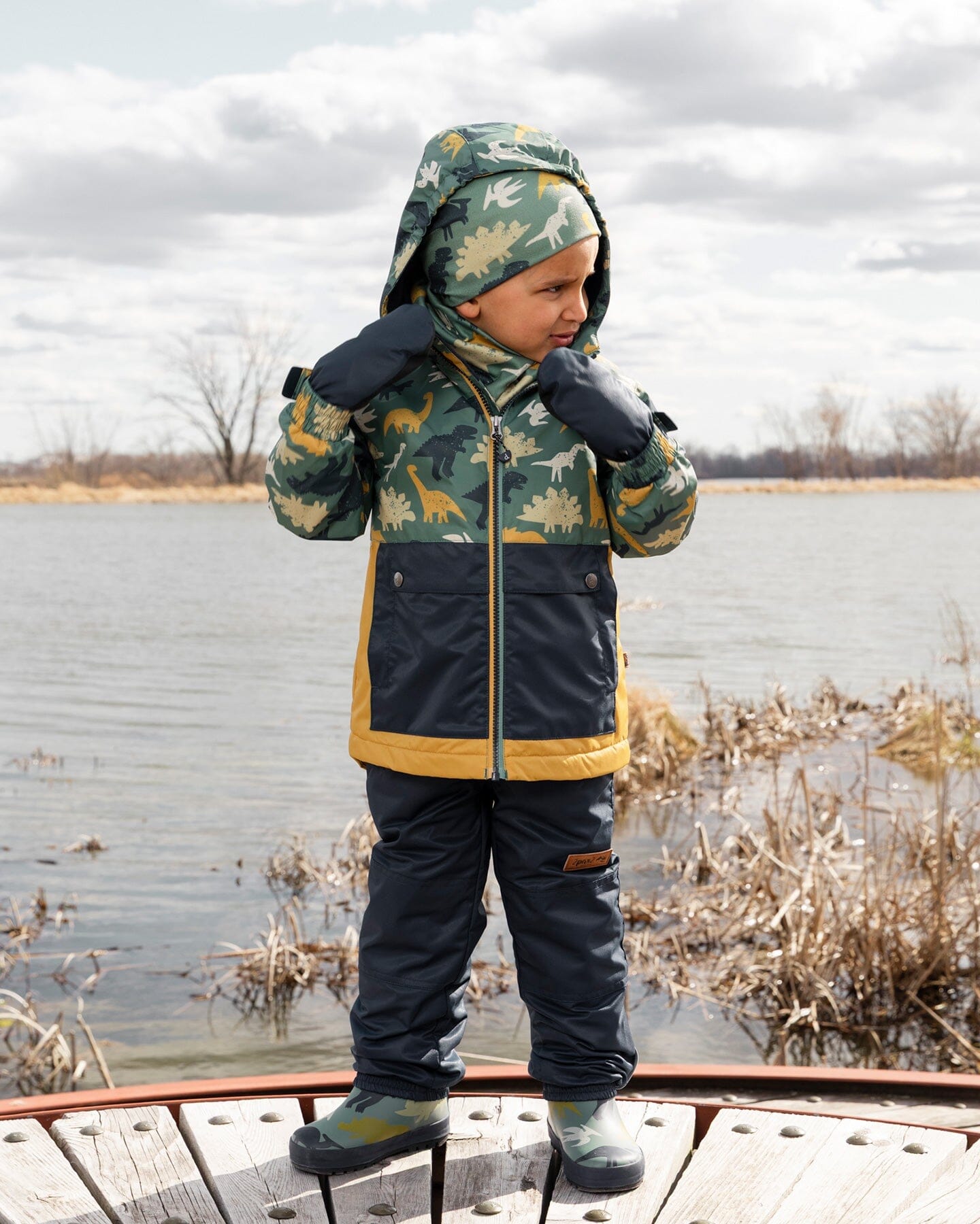Two-Piece Mid-Season Outerwear Set Green Dinosaur Print