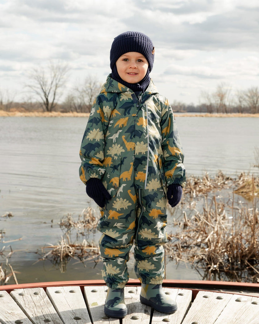 Baby Mid-Season One-Piece Outerwear With Hat Green Dinosaur Print