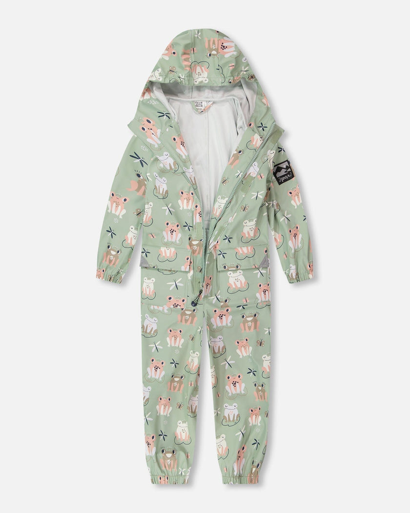 Green rain jumpsuit with color-changing frogs print