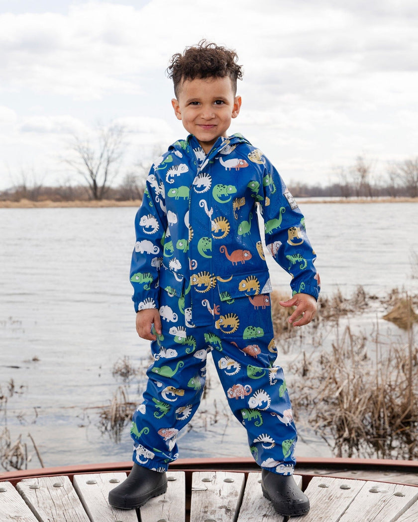 Blue rain jumpsuit with color-changing chameleon print