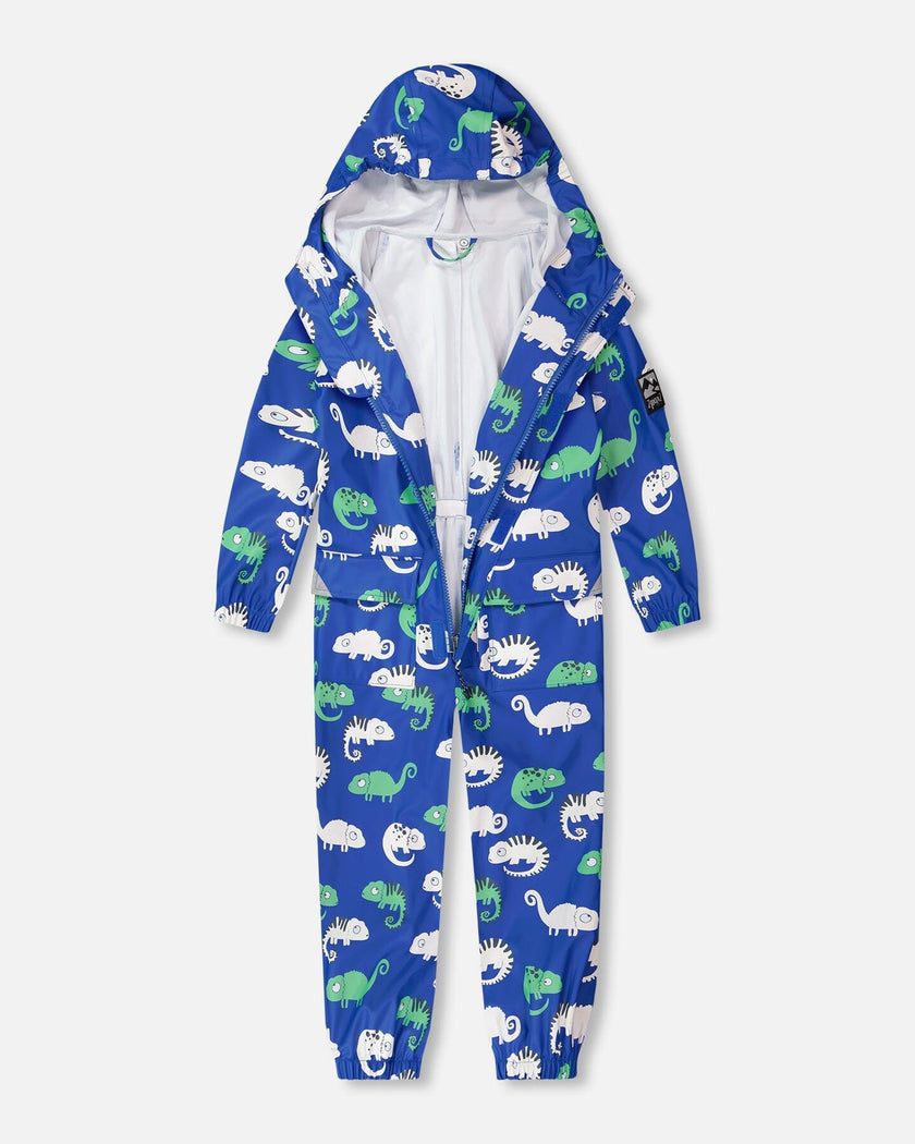 Blue rain jumpsuit with color-changing chameleon print