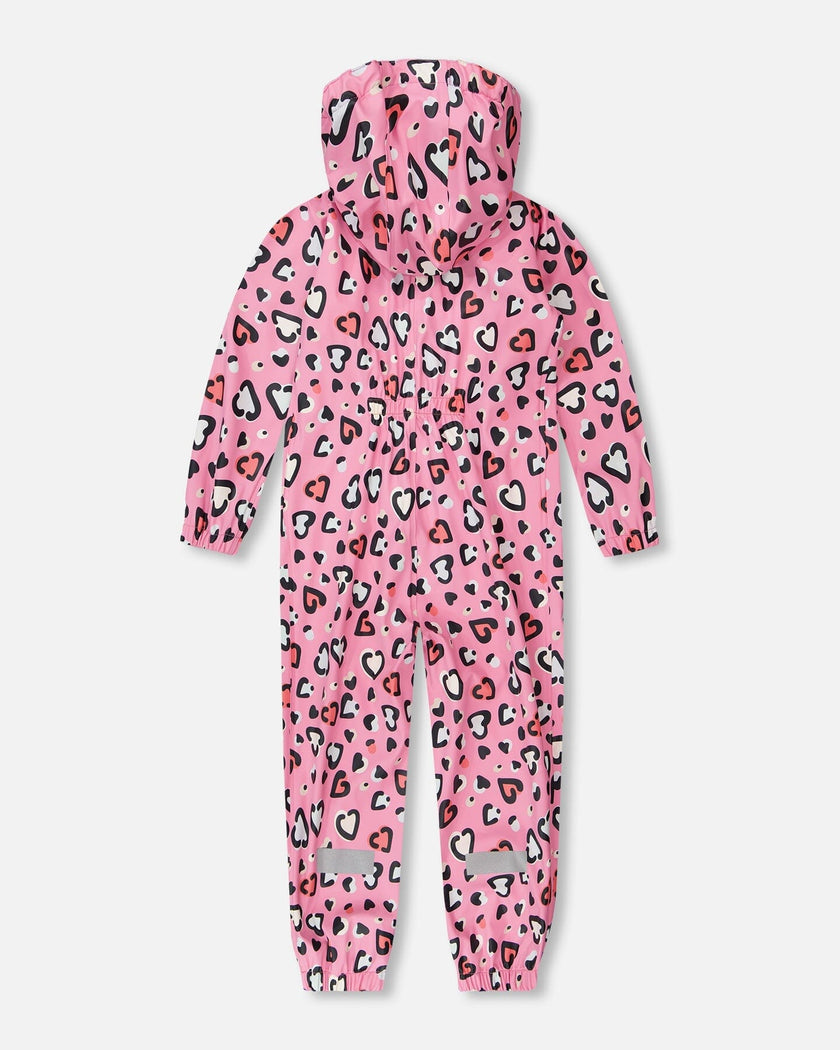 Pink rain jumpsuit with color-changing hearts print