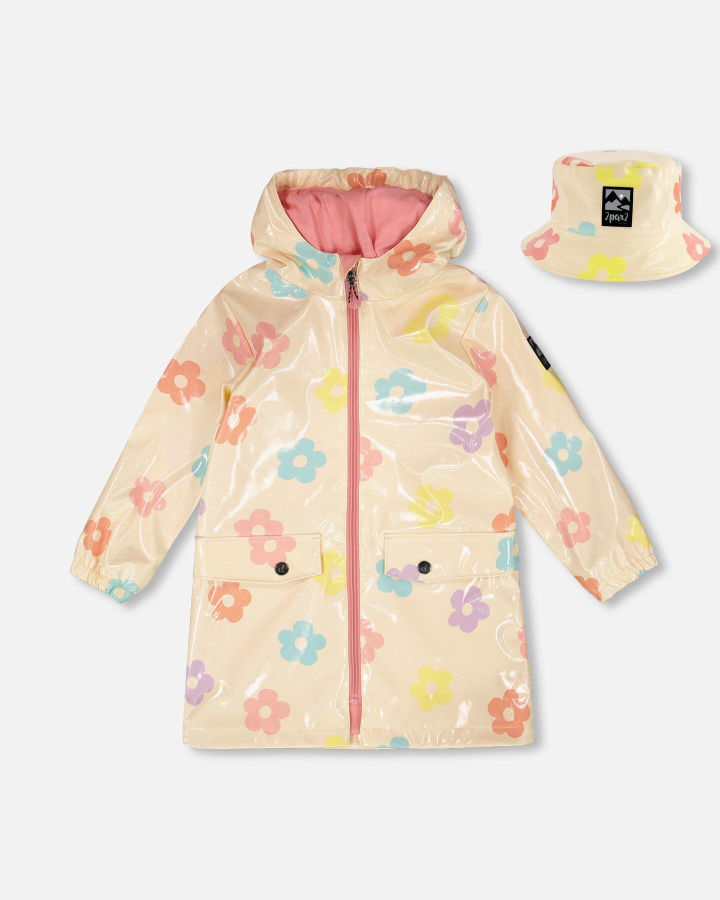 Rain Coat And Hat Set Beige Printed Flowers