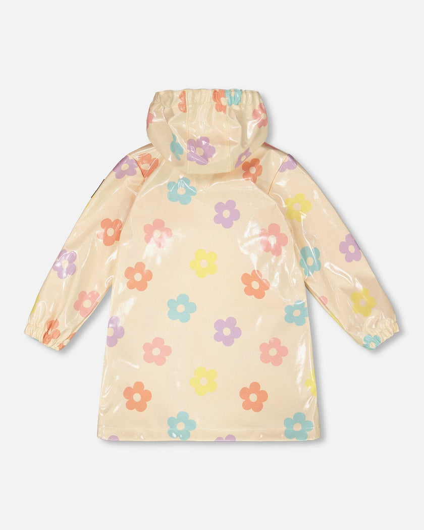 Rain Coat And Hat Set Beige Printed Flowers