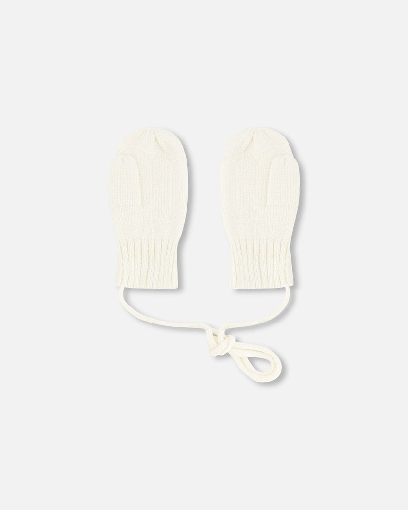 Baby Knit Mittens With Cord Off White