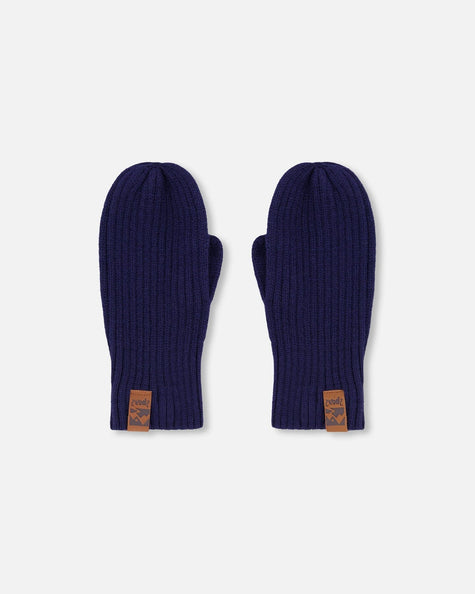 Ribbed Knit Mittens Navy Blue