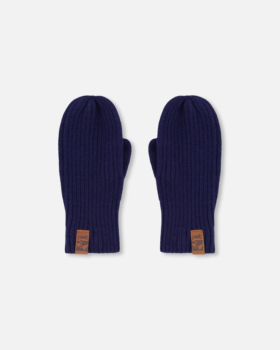 Ribbed Knit Mittens Navy Blue