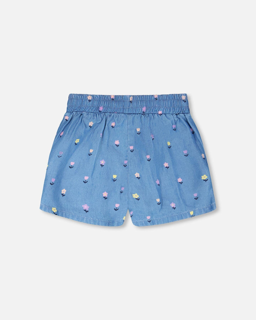 Chambray Shorts Blue Flower Print