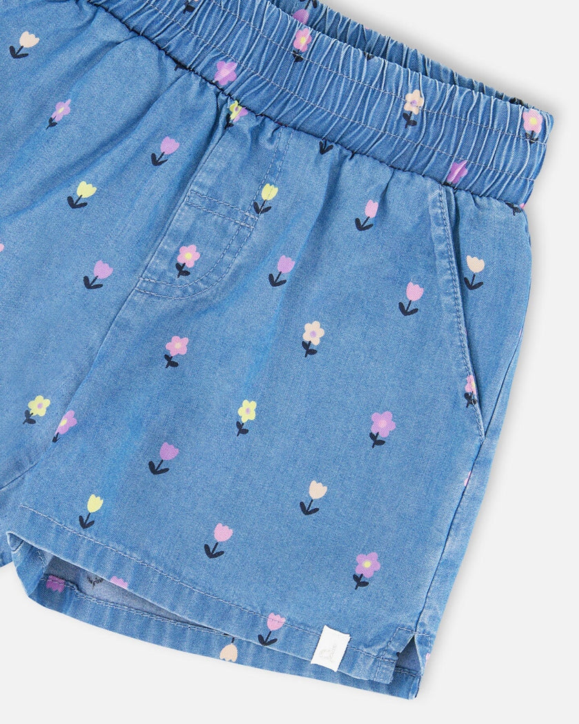 Chambray Shorts Blue Flower Print