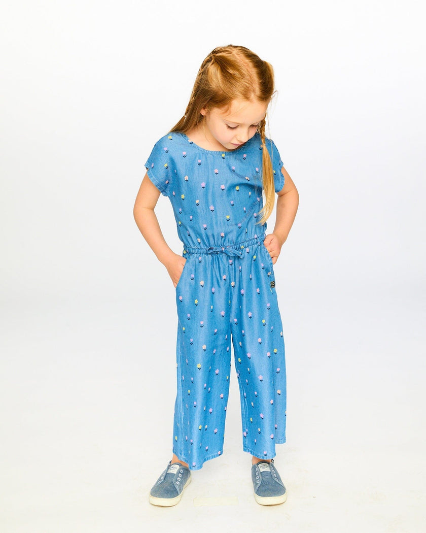 Chambray Jumpsuit Blue Flower Print