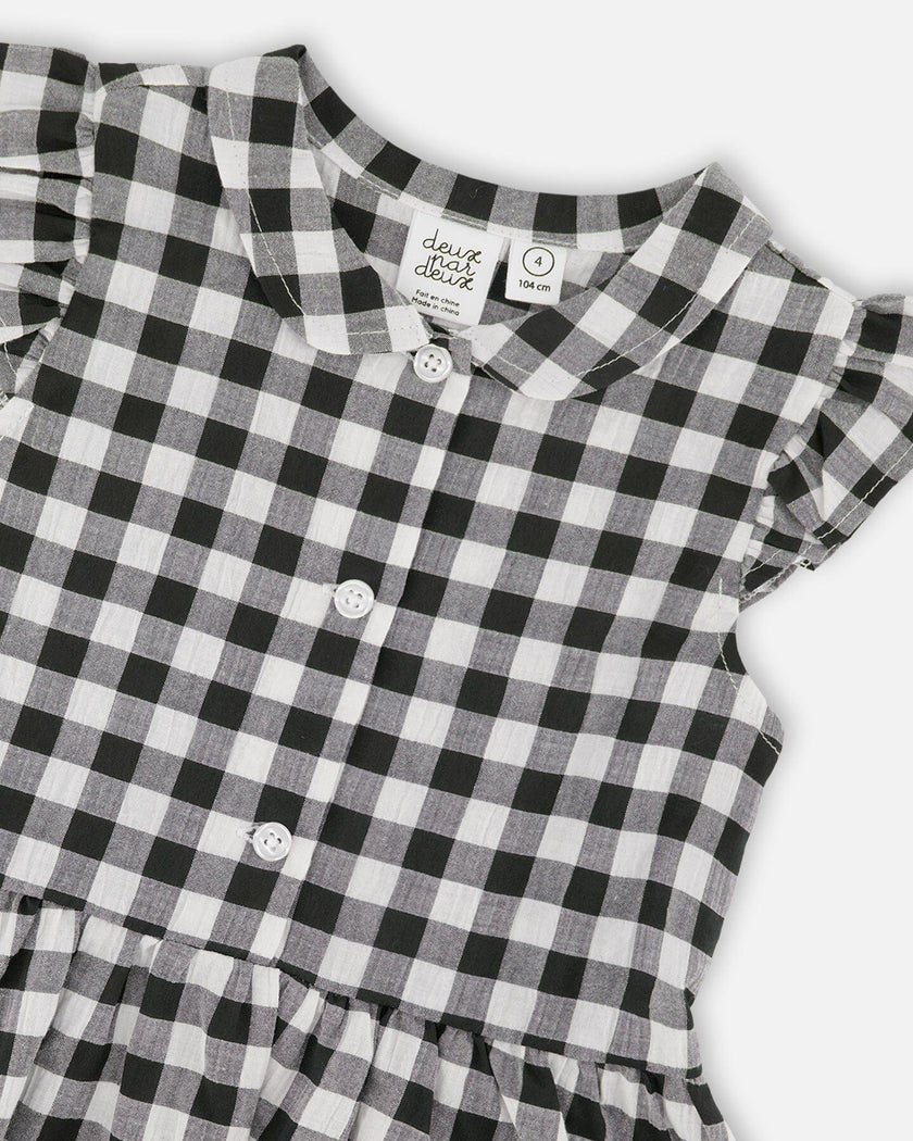 Sleeveless Button Down Dress Black Gingham