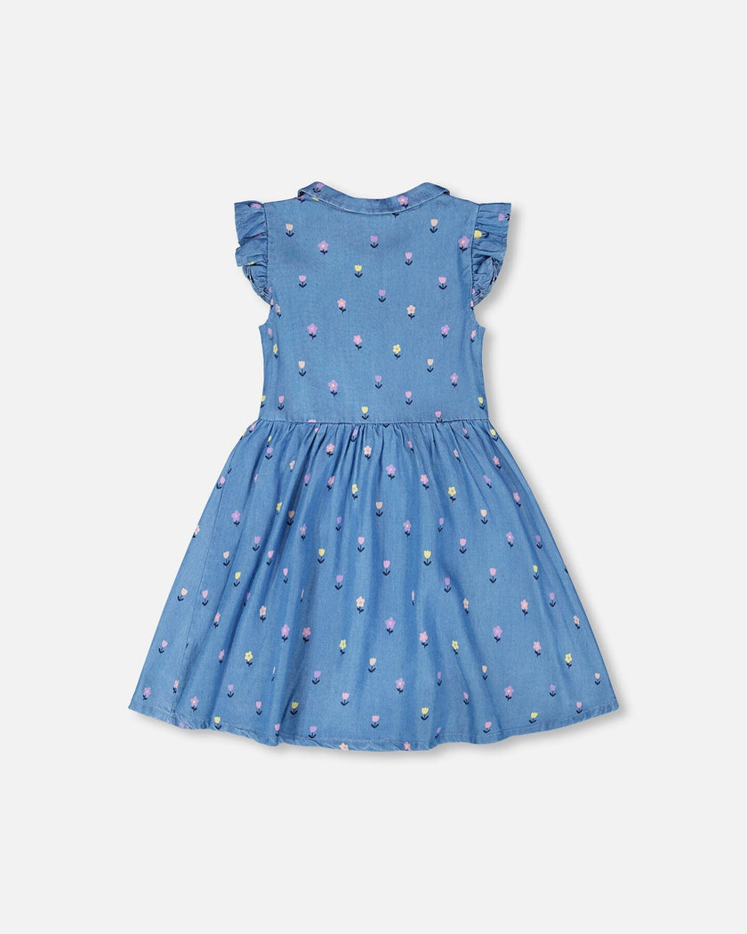 Sleeveless Button Down Dress Blue Flower Print