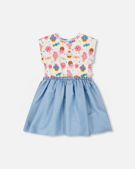 Bi-Material Dress White Candy Print