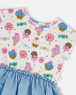 Bi-Material Dress White Candy Print