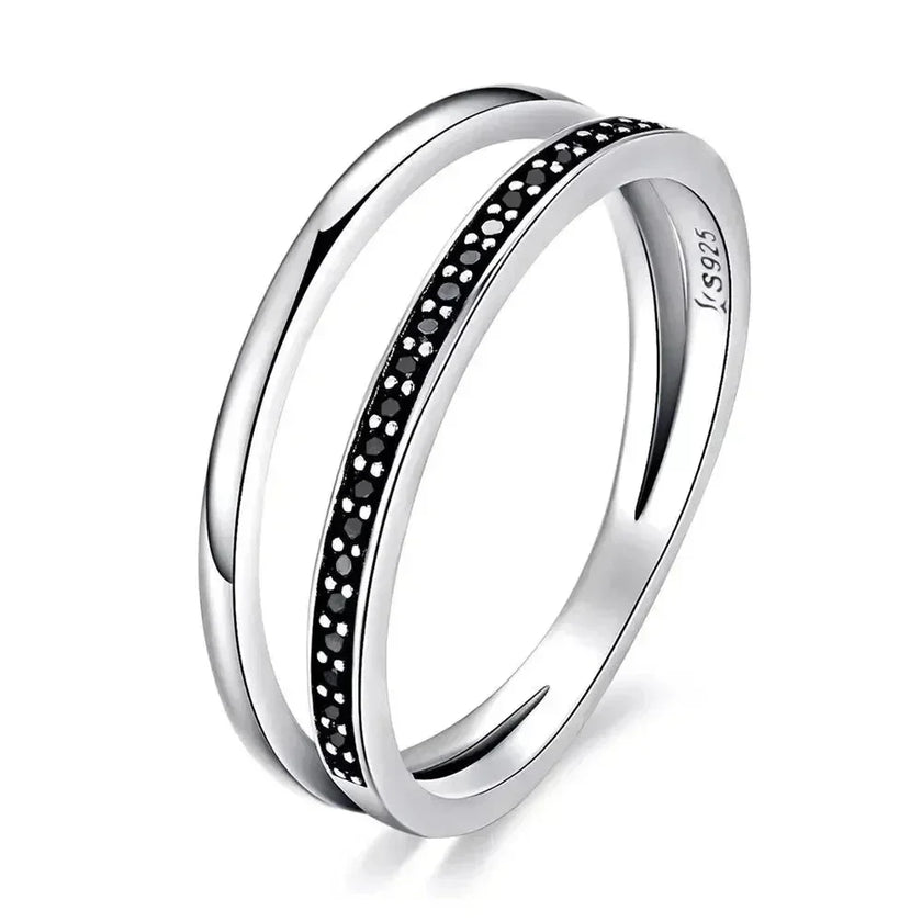 925 Sterling Silver Black & Clear Double Circle CZ Ring