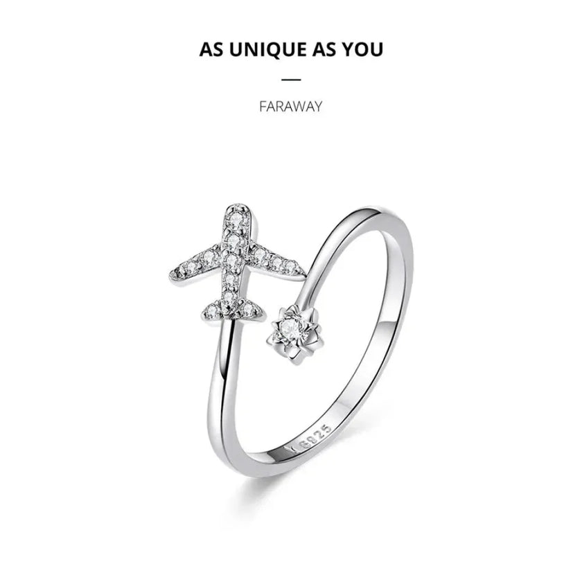 925 Sterling Silver CZ Flying Plane Open Ring
