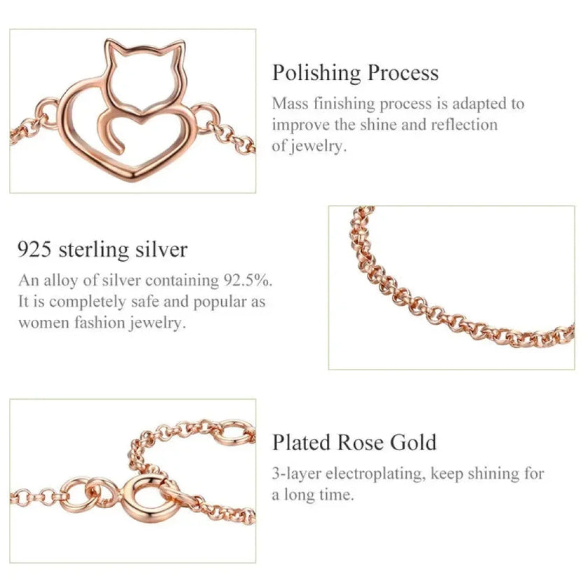 925 Sterling Silver Cat Heart Chain Bracelet