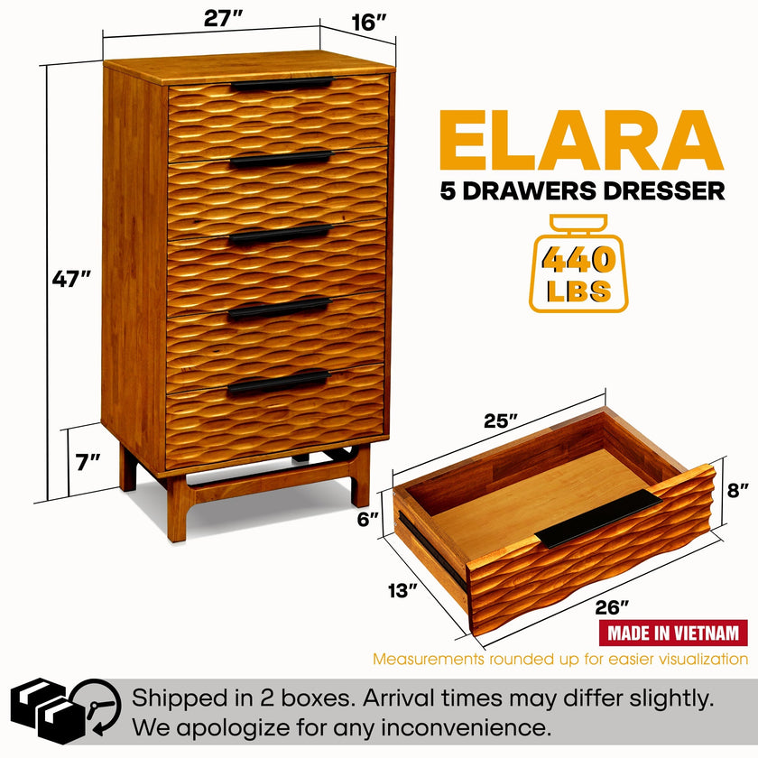Elara Solid Wood Dresser with 5 Drawers