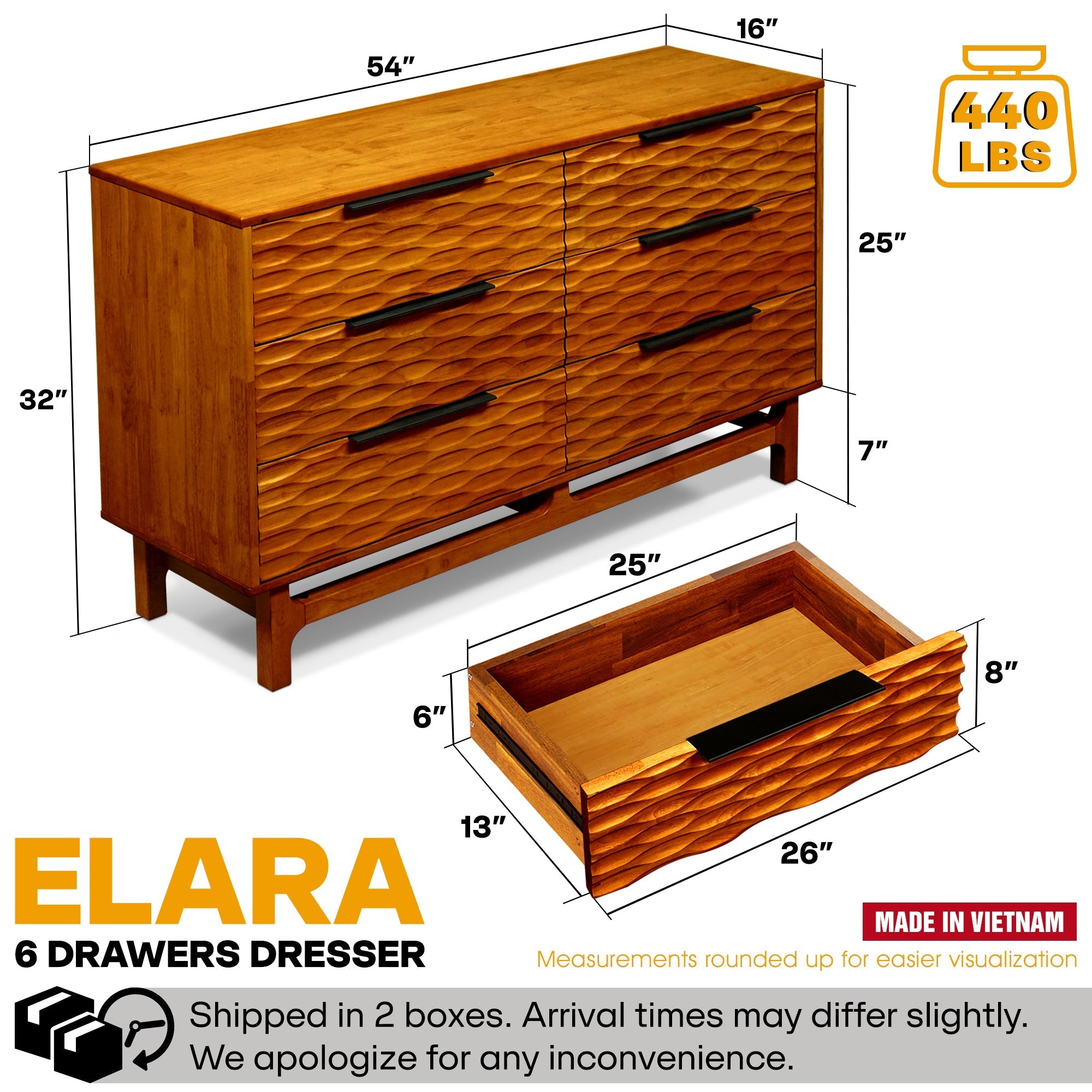 Elara Solid Wood Dresser with 6 Drawers