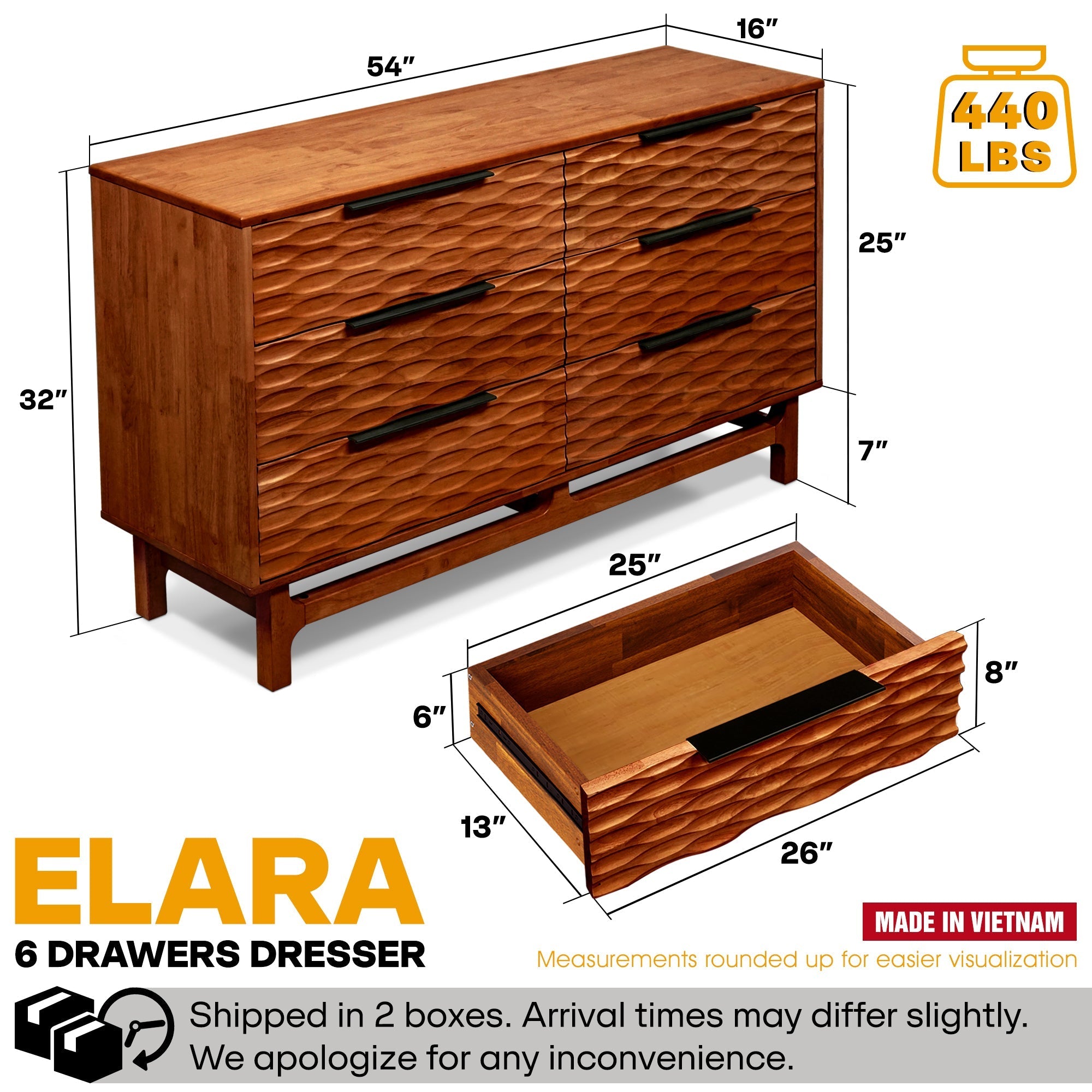 Elara Solid Wood Dresser with 6 Drawers