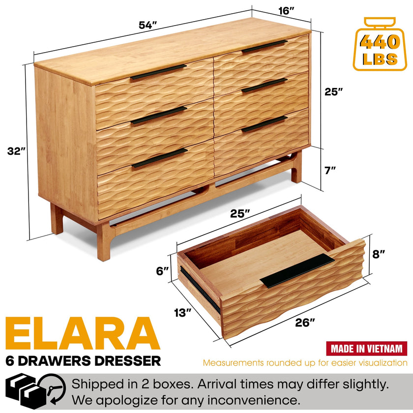 Elara Solid Wood Dresser with 6 Drawers