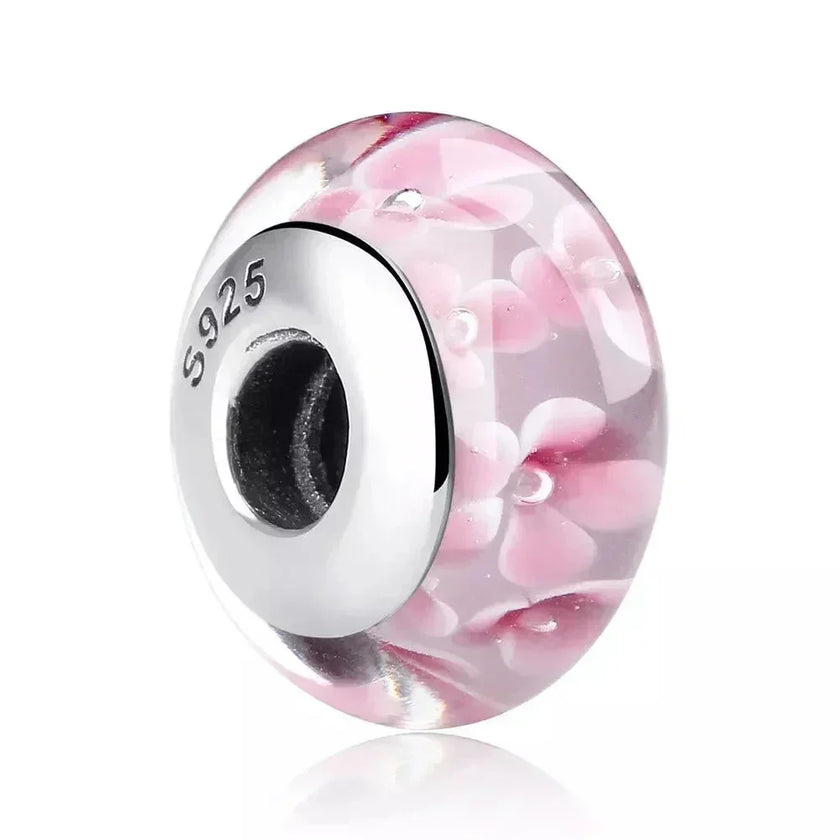 925 Sterling Silver Pink Flower Murano Glass Beads - Diy Bracelet Charms For A Festive Touch (Scz001)