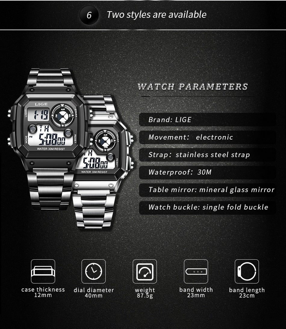 LIGE Brand Men Digital Watch Shock Military Sport Watches Fashion Waterproof Electronic Wristwatch Mens Reloj Inteligente Hombre