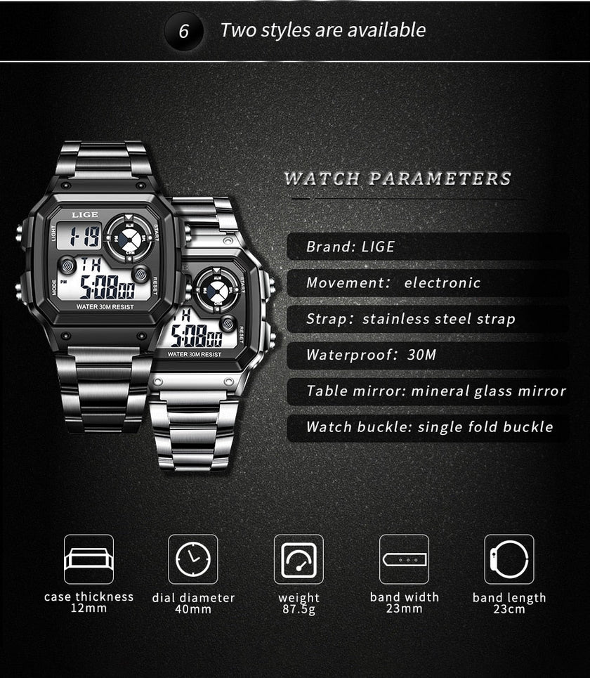 LIGE Brand Men Digital Watch Shock Military Sport Watches Fashion Waterproof Electronic Wristwatch Mens Reloj Inteligente Hombre