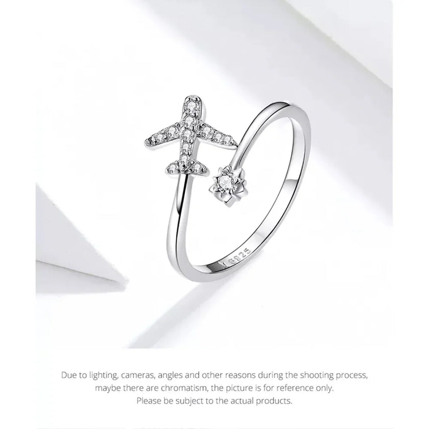 925 Sterling Silver CZ Flying Plane Open Ring