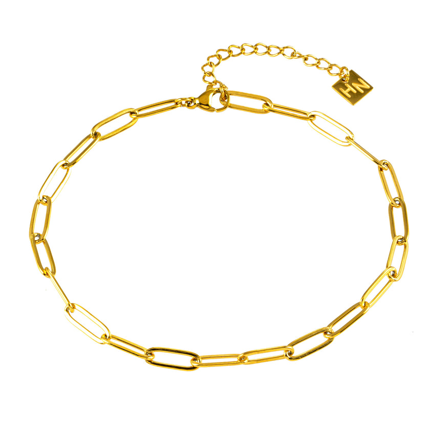 HAKILA LG : Bracelet de cheville en chaîne d'anneaux d'acier doré essentiel