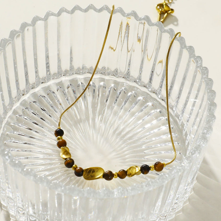 HAVANA Snake-Skin Textured Chain with Gold & Tiger's Eye Stone Charms