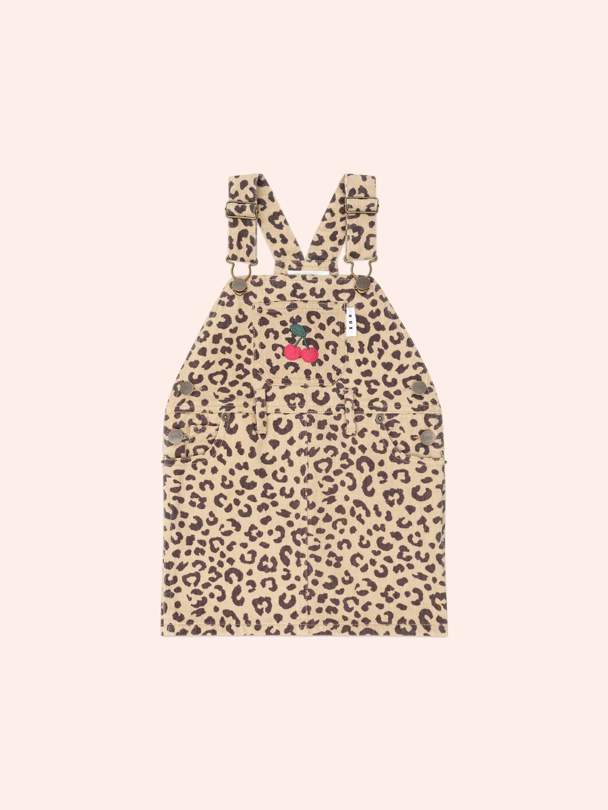 Very Cherry Leopard Print Denim Pinafore | Animal | Huxbaby