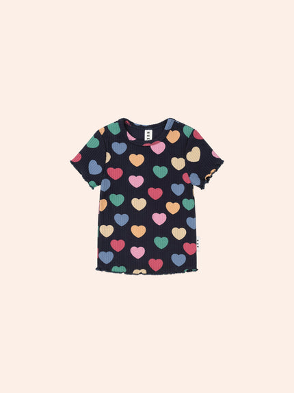 Multi Hearts Rib Tee | Navy | Huxbaby