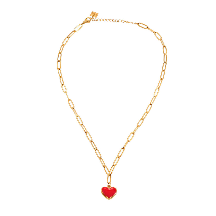 HEART ROUGE Gold: Paper Clip Chain Anchoring an Enameled Red Heart Charm