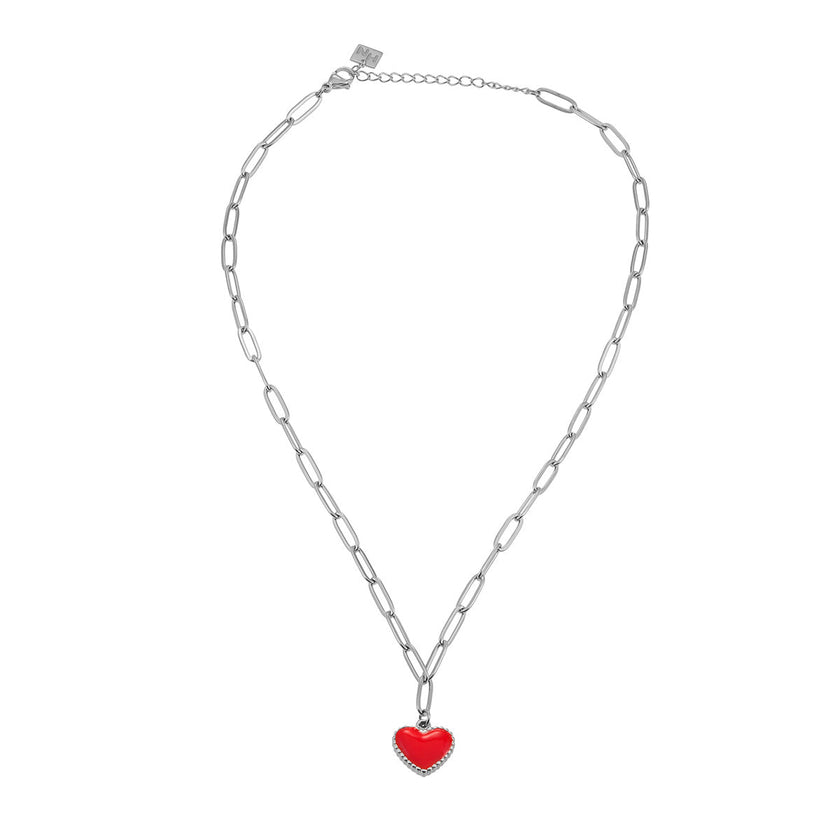 Style HEART ROUGE Silver (White Gold): Paper Clip Chain Anchoring an Enameled Red Heart Charm