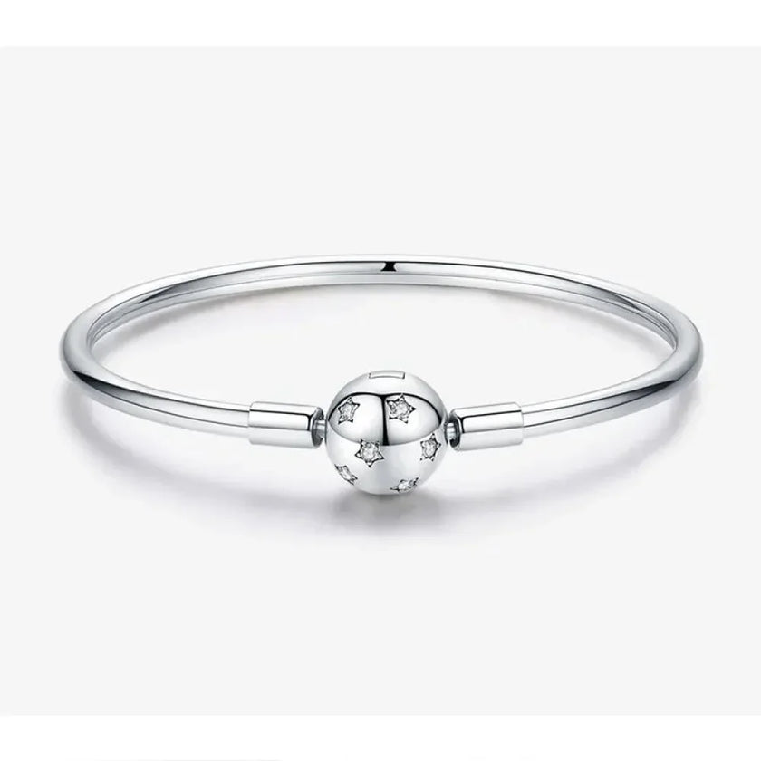 Sterling Silver Snake Chain Bangle Bracelet with CZ Pavé