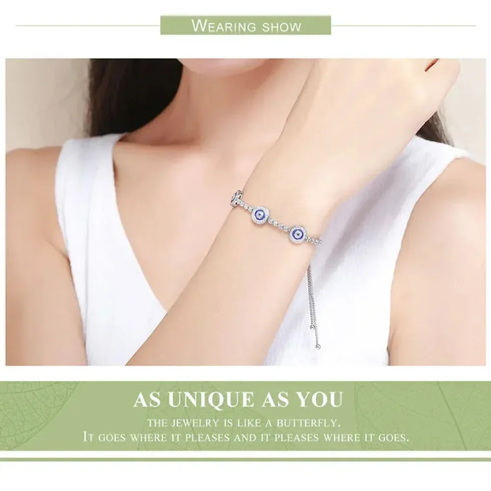 Genuine 925 Sterling Silver Evil Eye Tennis Bracelet w/ Blue CZ | Adjustable