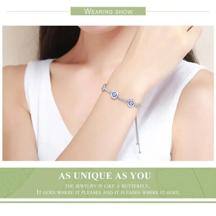 Genuine 925 Sterling Silver Evil Eye Tennis Bracelet w/ Blue CZ | Adjustable