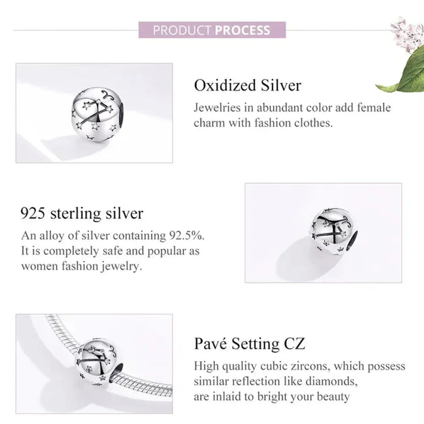 Vintage 925 Sterling Silver Twelve Constellations Star Sign Zodiac Beads Charms For Diy Bracelet Necklace