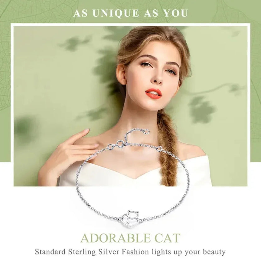 925 Sterling Silver Cat Heart Chain Bracelet